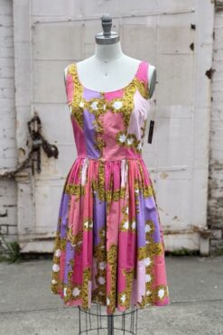 Vintage 50s Pink and Gold Cotton Day Dress - Medium