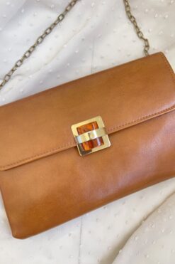 Vintage 70s Tan Clutch Bag with Gold and Tortoiseshell Clasp