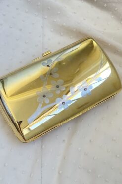 Vintage Gold Tone Hard Shell Clutch with Cherry Blossom Etching