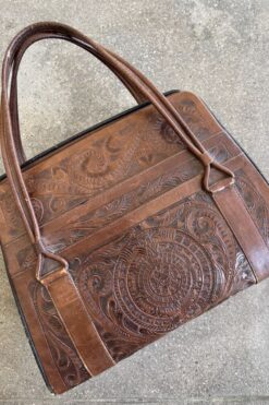 Vintage 60s Hand Tooled Leather Aztec Sun and Roses Bag