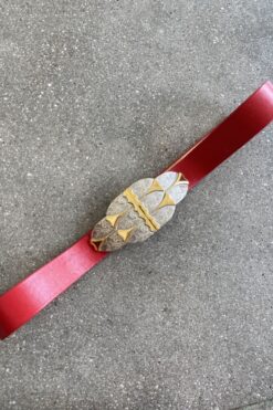 Vintage Red Leather Belt with Silver and Gold Buckle Belt