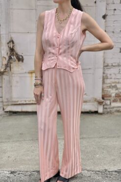 Vintage 70s Striped Peach Pink Vest and Pant Set - Medium