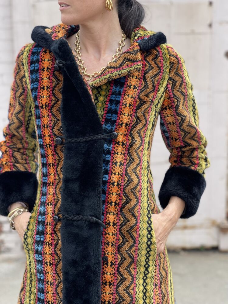 1970's vintage tapestry woven coat with faux fur collar and cuffs