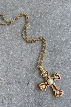 Vintage 90s Large Gold Tone Rhinestone and Pearl Cross Pendant Necklace