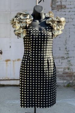 80s Gold Ruffle Polka Dot Mini Dress- S