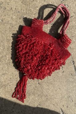 Vintage Antique Red Beaded Fringe Drawstring Handbag