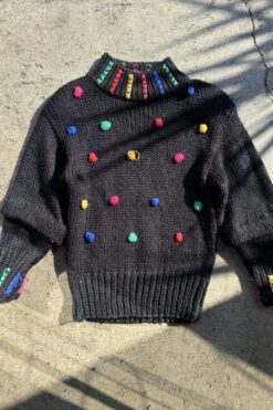 Vintage 80s Embroidered Polka Dot Knit Puff Sleeve Sweater - Small