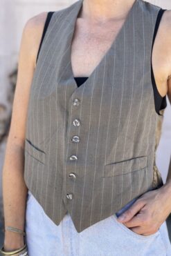 Vintage Warm Gray Pinstripe Vest with Leather Detail - M/L