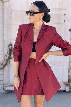 Vintage Ruby Red Longline Jacket and Mini Skirt Set - S/M