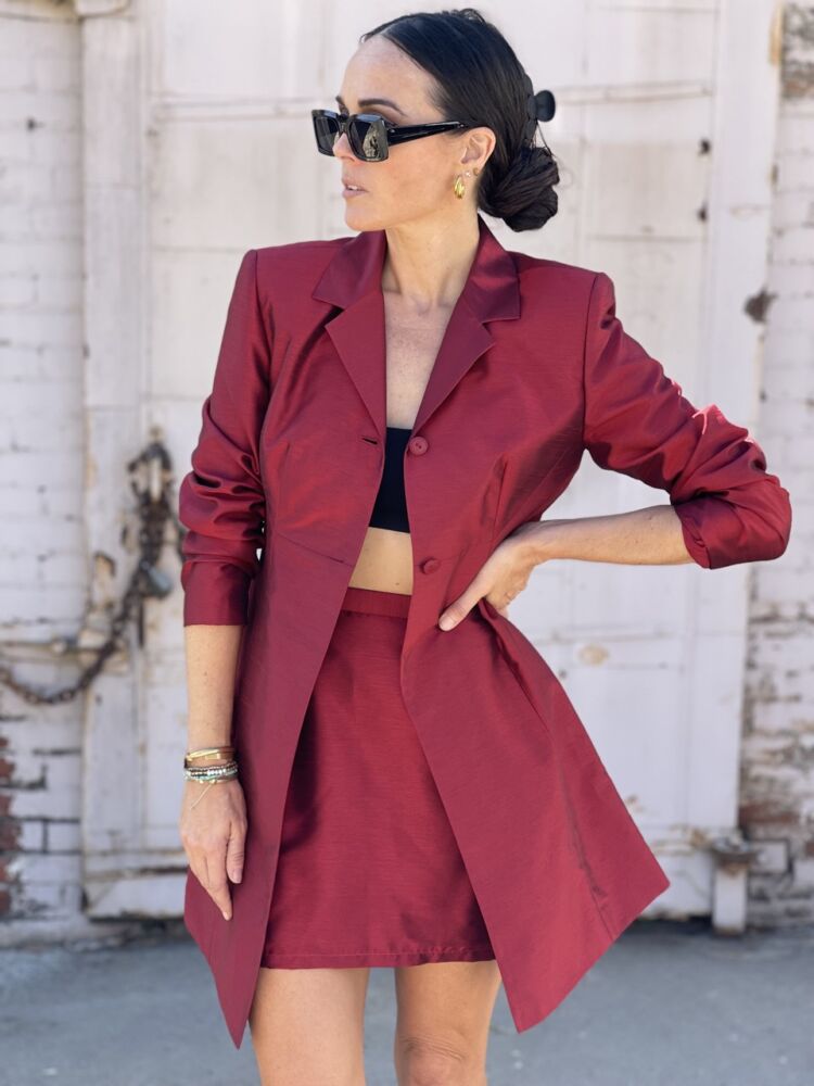 Vintage Ruby Red Longline Jacket and Mini Skirt Set – S/M → Hotbox Vintage