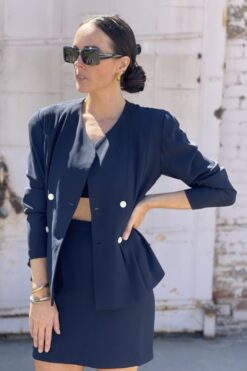 Vintage Navy Liz Claiborne Pleated Jacket with Mini Skirt Set - M