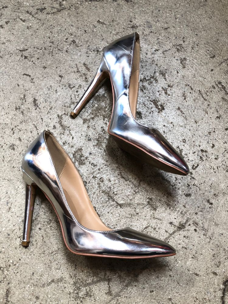 metallic silver high heels