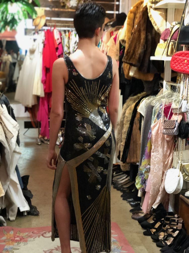 Vintage 80s Art Deco Silk Sequin Dress