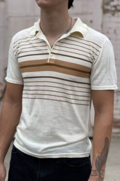 Vintage Tan and Brown Striped Polo T-shirt - M