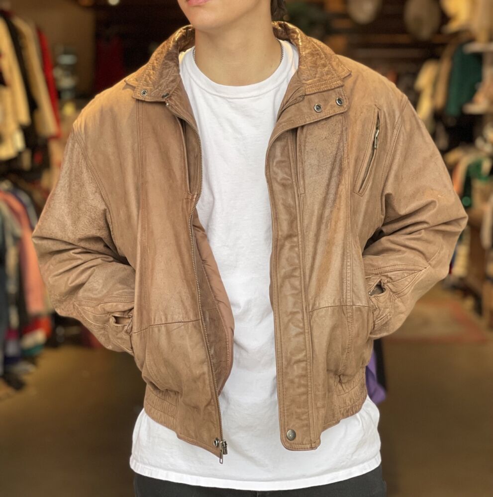 necessary Decent Other places Vintage 80s Mens Global Identity Tan Leather Jacket – S – Hotbox Vintage