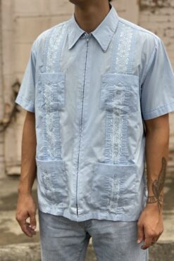 Vintage Zip Up Light Blue Guayabera Shirt - L