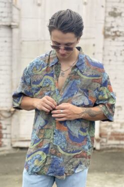 Vintage 90s Se Jolie Green and Blue Silk Shirt – XL