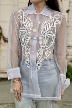 Vintage 90s Sheer Organza Embroidered Blouse - S/M
