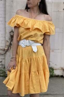 Vintage 80s Yellow Cotton Off The Shoulder Dress - M