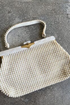 Vintage White Plastic Beaded Purse With Faux Mother Of Pearl