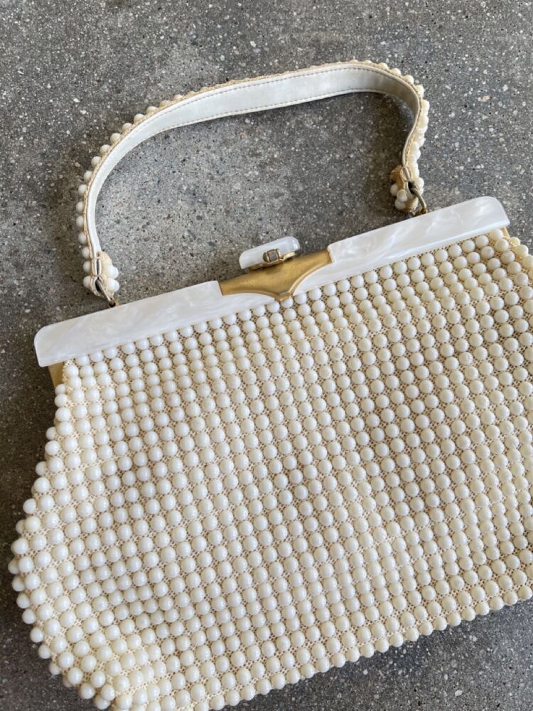 Vintage White Plastic Beaded Purse With Faux Mother Of Pearl