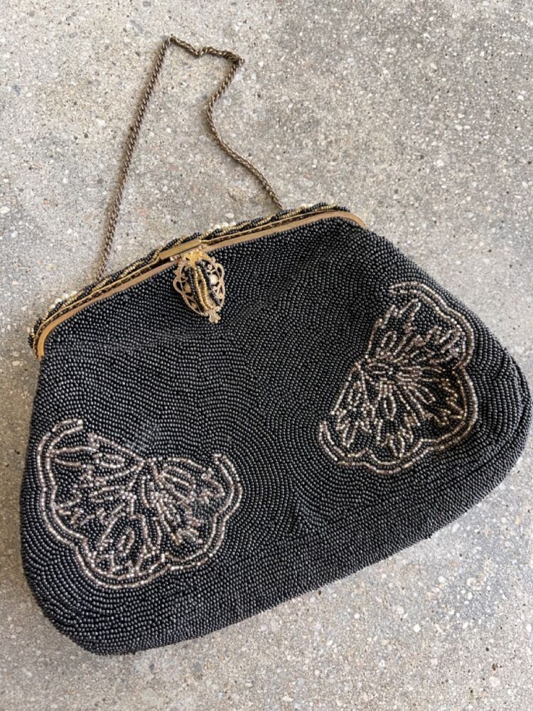 Vintage Black and Gold Beaded Purse with Gold Metal Frame