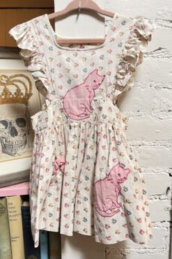 Vintage Kids Floral Print Kitty Cat Pinafore Dress - 2T