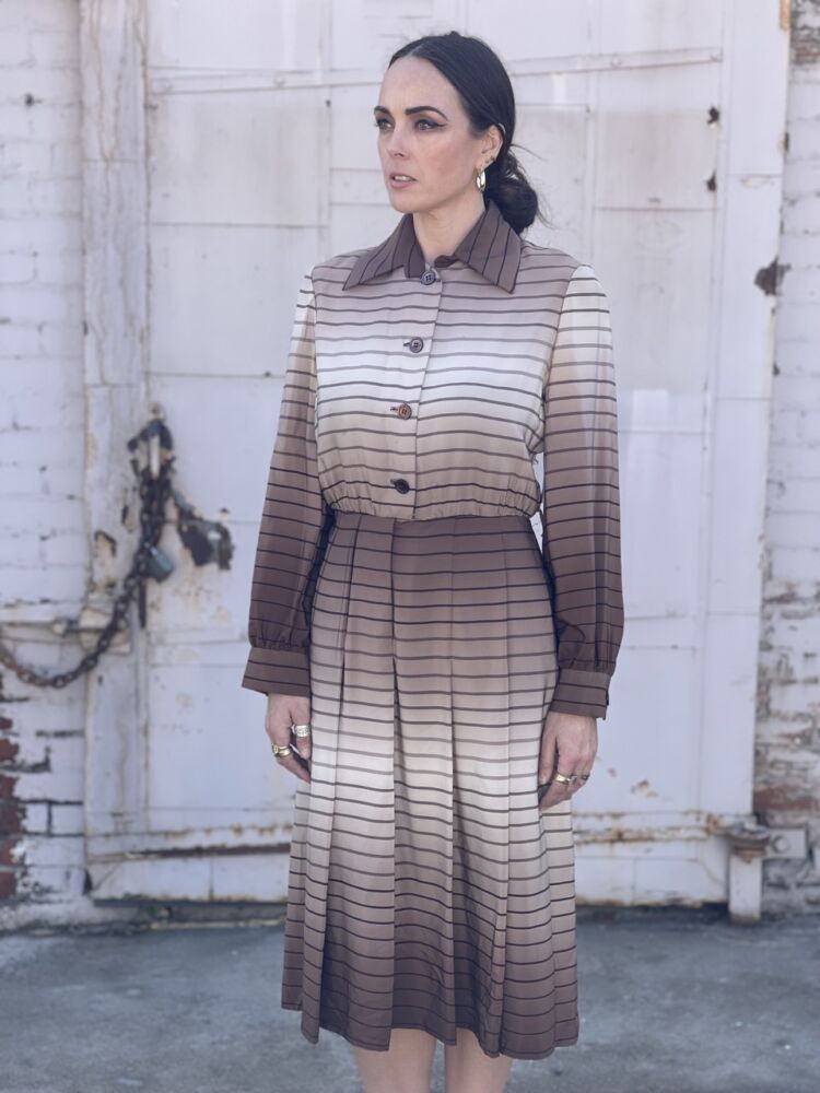 Vintage 50s Laura Biagiotti Ombre Stripes Silk Dress -M