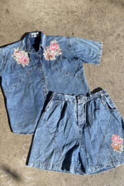 Vintage 80’s Acid Wash Denim Roses Shirt and Shorts Set - XXL