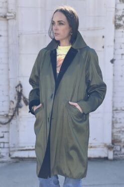 Vintage Reversible Olive Satin and Black Velvet Coat - L/XL