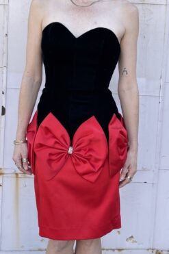 Vintage 80s Huey Waltzer Black Velvet Red Bow Party Dress - S/M
