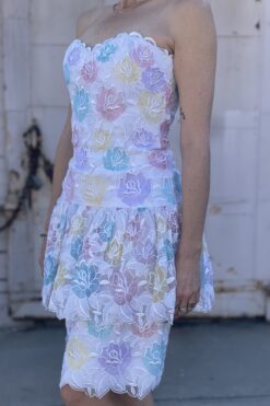 Vintage Victor Costa Pastel Floral Lace Party Dress - S