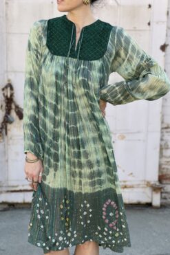 Vintage 70's Green Cotton Gauze and Rainbow Lurex Dress - S/M