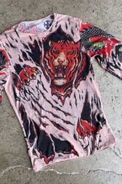 Vintage 90s/Y2K Tiger and Dragon Transparent Mesh Stretch Top - M
