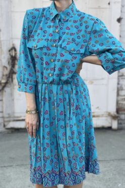 Vintage 80s Turquoise Paisley Dress - L
