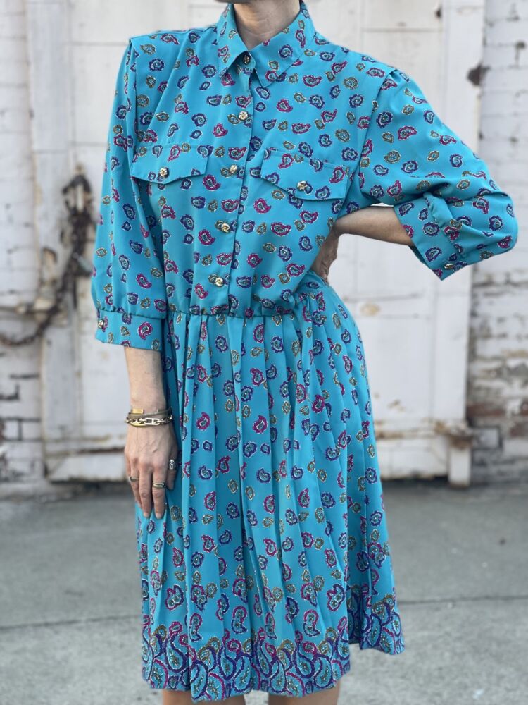 Vintage 80s Turquoise Paisley Dress - L