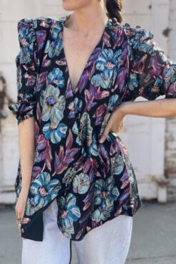 Vintage 80s Patra Plus Metallic Florals Top - XL