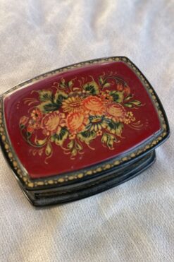 Vintage Hand Painted Red and Black Lacquer Miniature Trinket Box