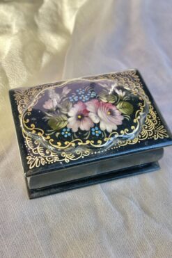 Vintage Hand Painted Black Lacquer Miniature Trinket Box