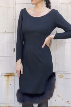 Vintage 60s Claralura Fur Trimmed Black Wool Dress - M