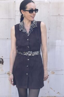 Vintage Mg Apparel 90s Brown Rib Knit and Leopard Button-up Dress – S/M