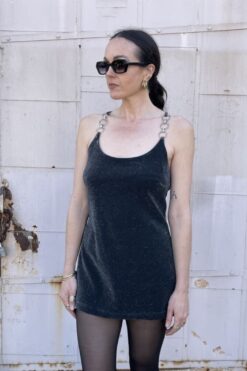 Vintage 90s Black and Silver Sparkly Micro Mini Dress - M