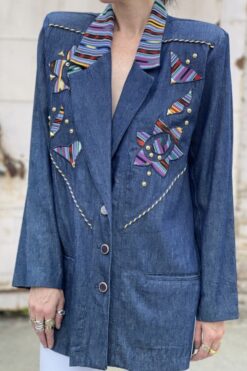 Vintage 80s Appliqued Denim Blazer Jacket - M/L