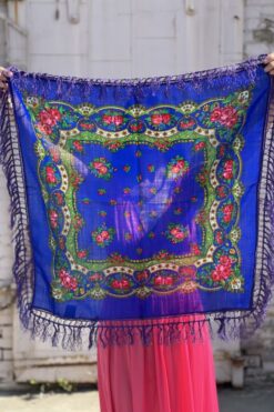 Vintage Sapphire Blue Fringed Wool Scarf