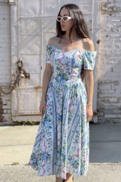 Vintage 80s Bill Berman Floral Stripe Dress - M