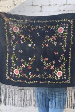 Vintage Black Embroidered Fringed Shawl/Throw