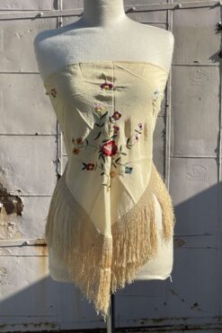 Vintage Cream Embroidered Fringe Shawl/Top