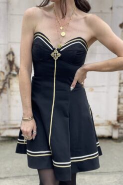Vintage Black Silver and Gold Strapless Party Dress - M