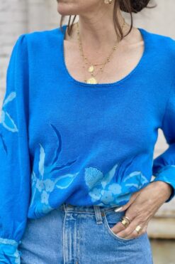 Vintage 80s I.Magnin Turquoise Blue Floral Sweater - Medium