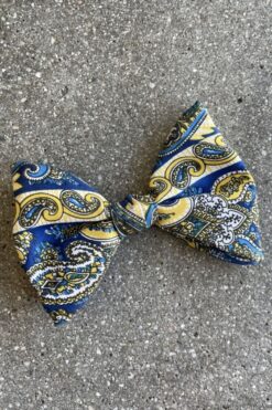 Vintage 70s Yellow and Blue Paisley Clip-On Bow Tie